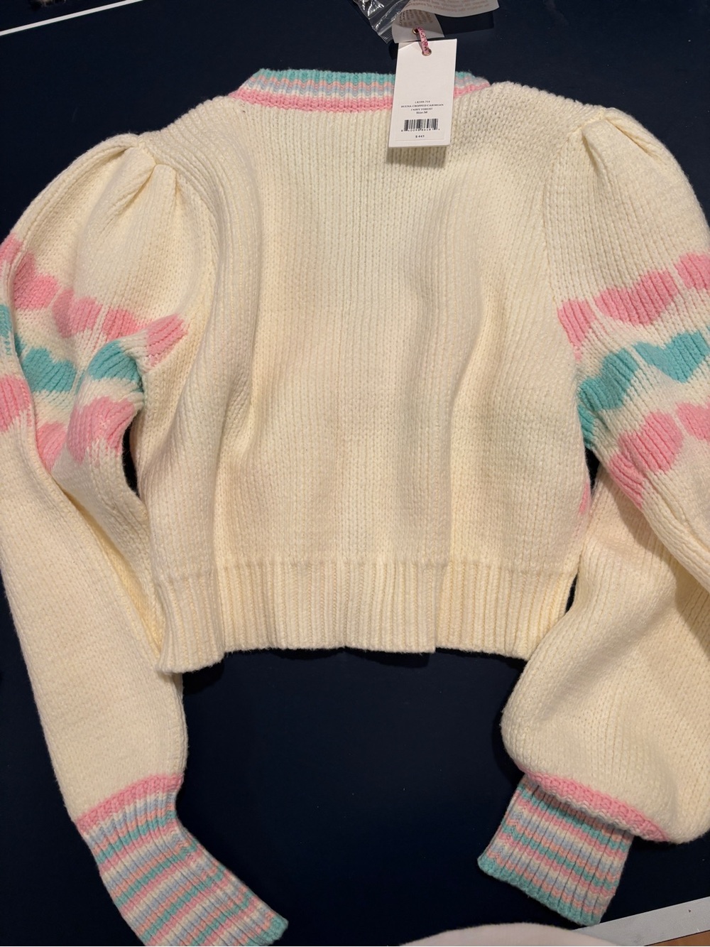 LoveShackFancy Cream Cardigan with Pink and Teal Heart Stripes - Picture 3 of 3